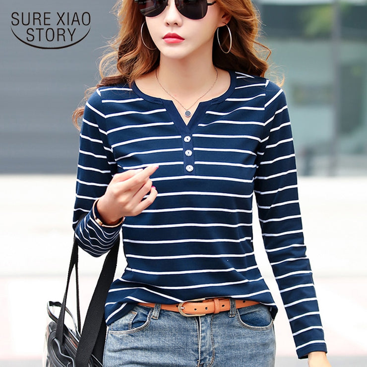 Striped V-neck  Long Sleeve  T Shirt