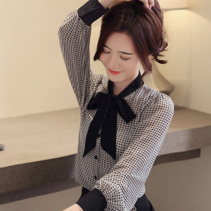 Bow Collor Plaid Office Blouse