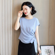 Silk Short-Sleeve Solid Bow Blouses