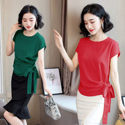 Silk Short-Sleeve Solid Bow Blouses