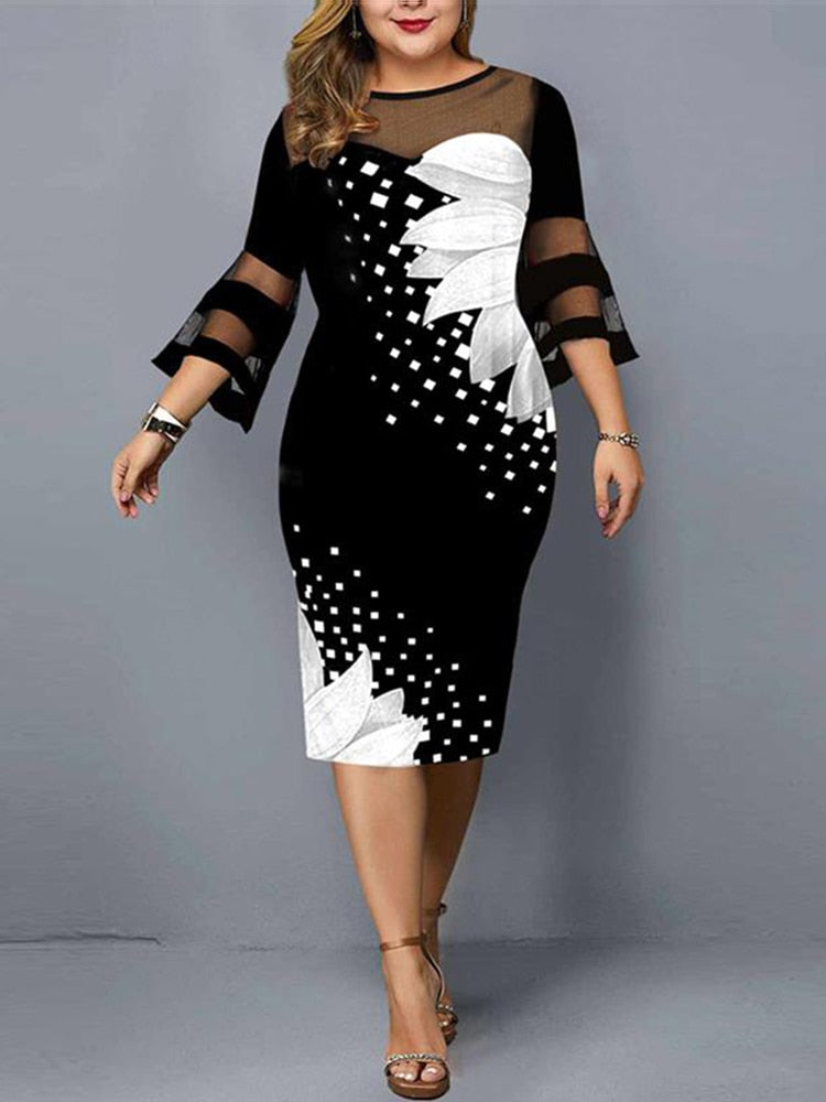 Black Lace Sleeve Flower Print Mesh Dresses