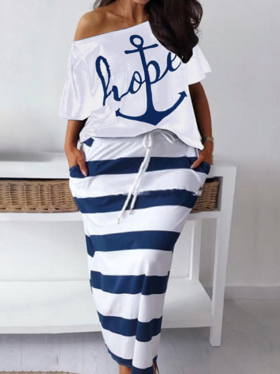 Two Piece Letter Print Striped Dress Suits