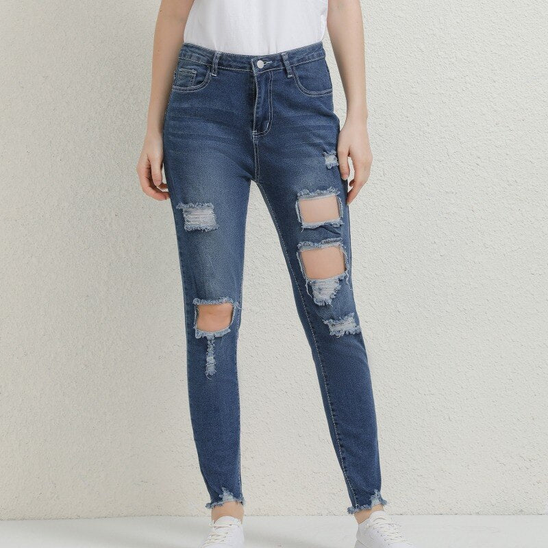 Full Length High Waist Ripped Denim Jeans