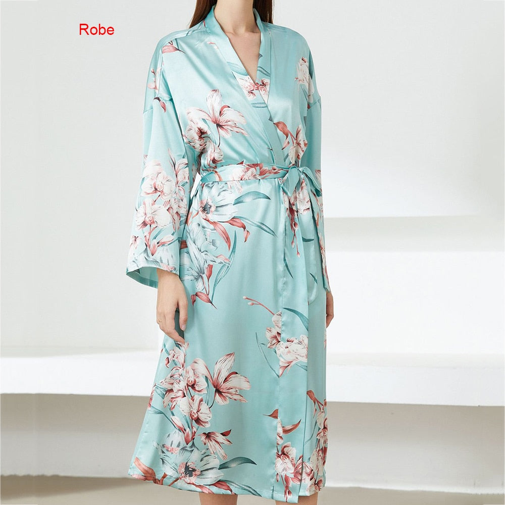 Flower Print Satin Kimono Gown Sets