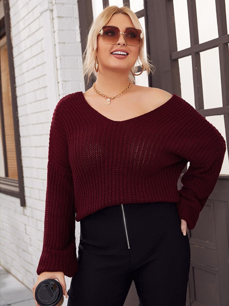 Oversize V-Neck Knitted Long Sleeve Sweater