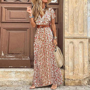 V-neck Short Sleeve Belted Bohemian Maxi Dress