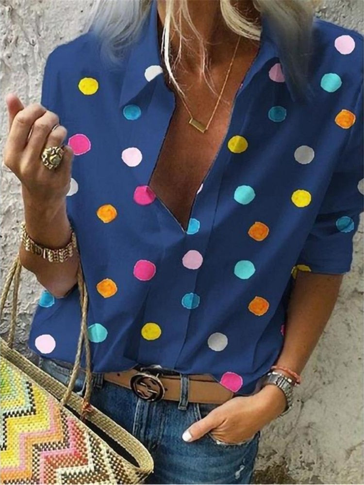 Polka Dot Turn Down Collar Blouse