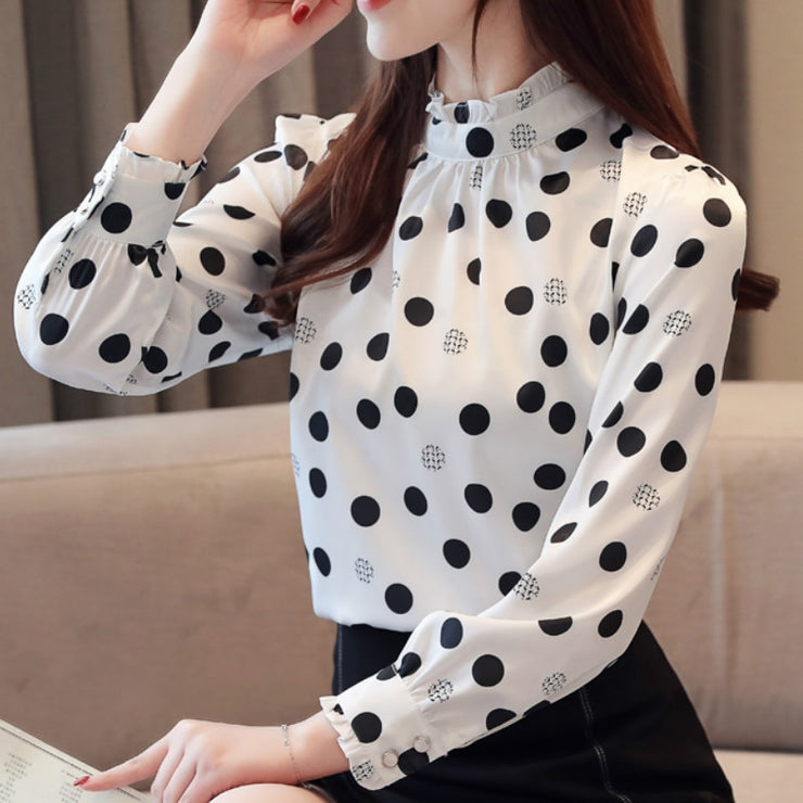 Chiffon Long Sleeve Polka Dot Ruffle Blouses