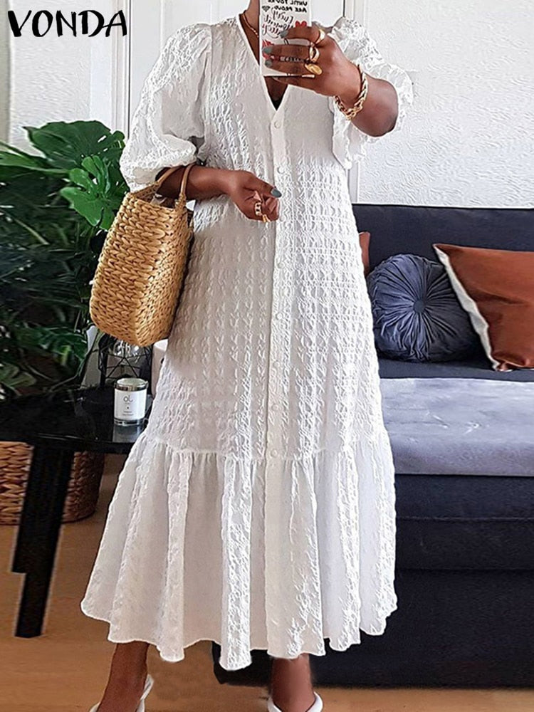 V Neck Button Down Half Sleeve Bohemian Dress