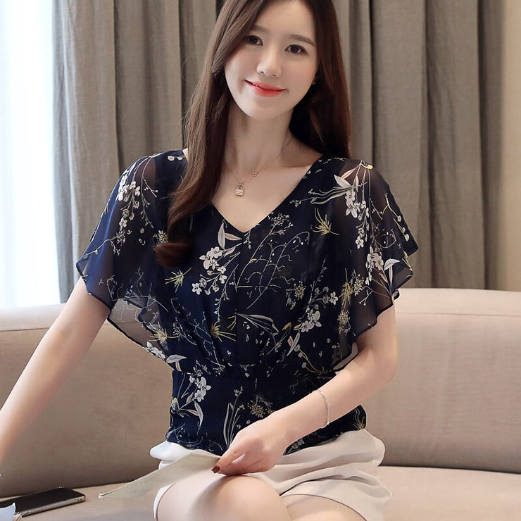 V Neck Ruffles Print Blouse