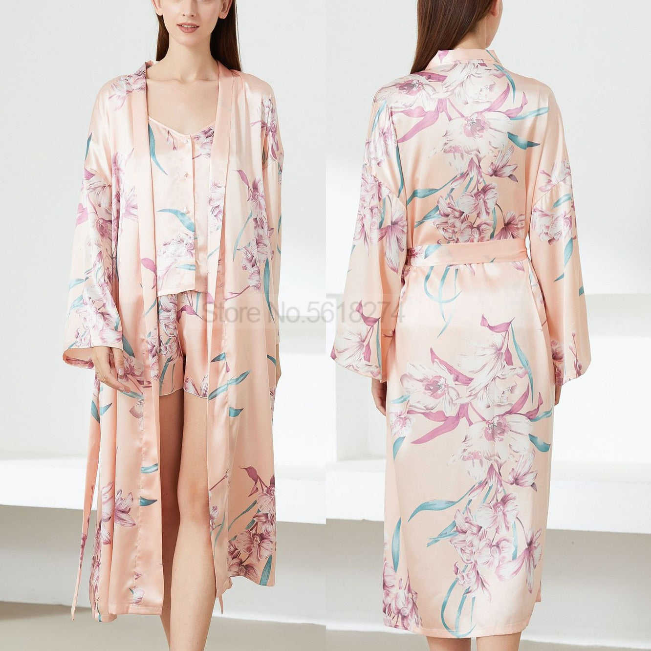 Flower Print Satin Kimono Gown Sets