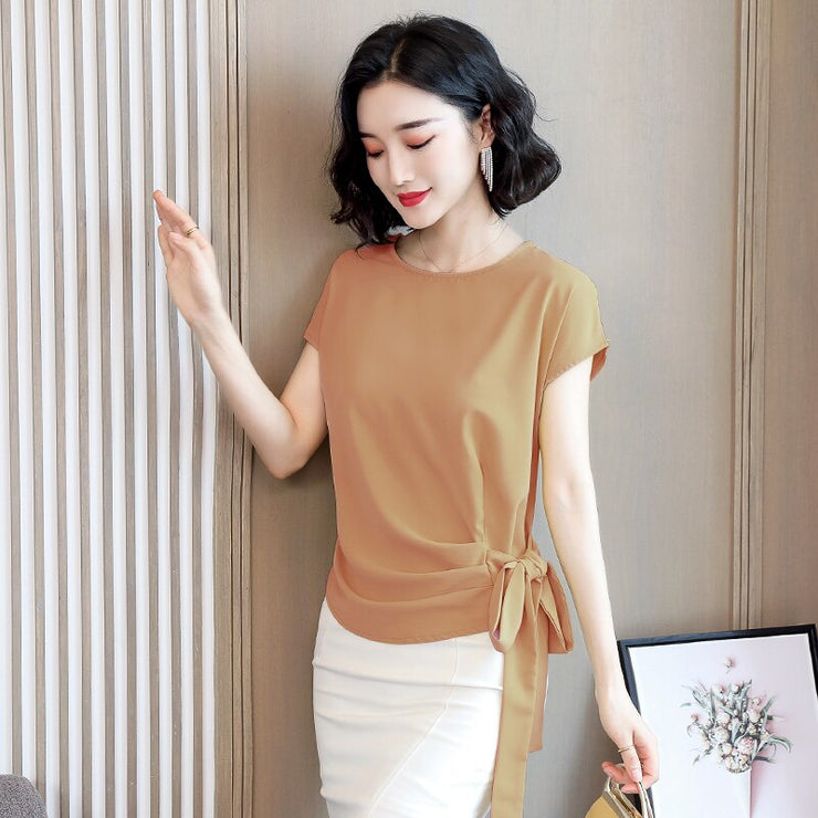 Silk Short-Sleeve Solid Bow Blouses