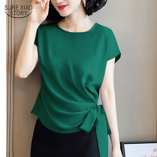 Silk Short-Sleeve Solid Bow Blouses