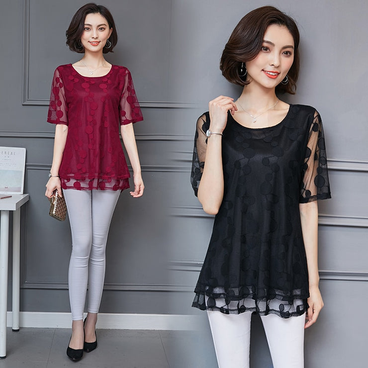 Round Collar Lace Transparent Blouse