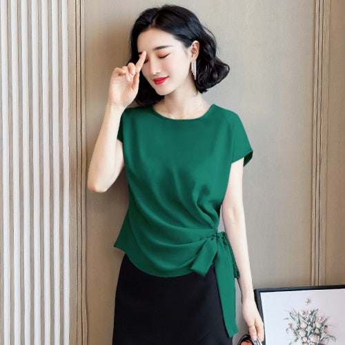 Silk Short-Sleeve Solid Bow Blouses