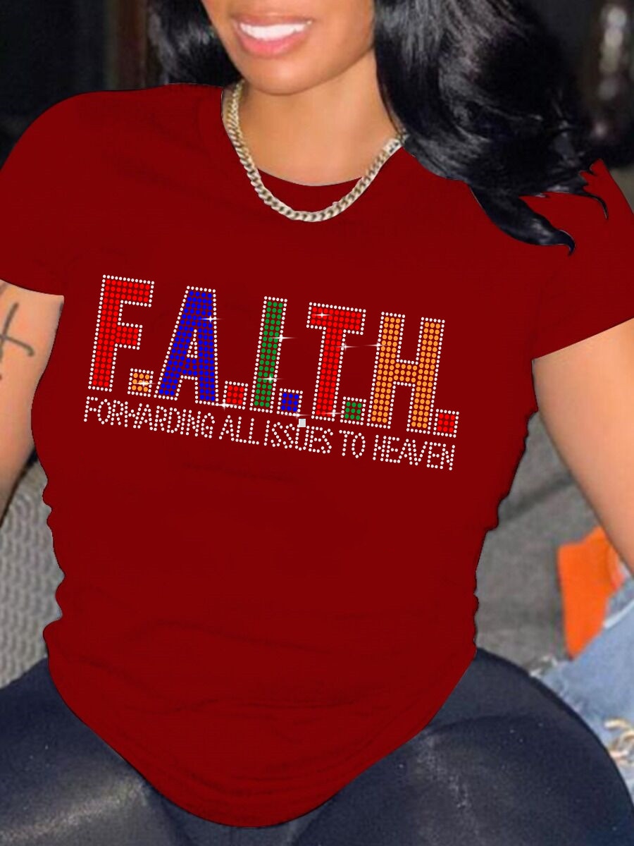 LW Rhinestone Faith Letter Gradient Geometric Print T-Shirts