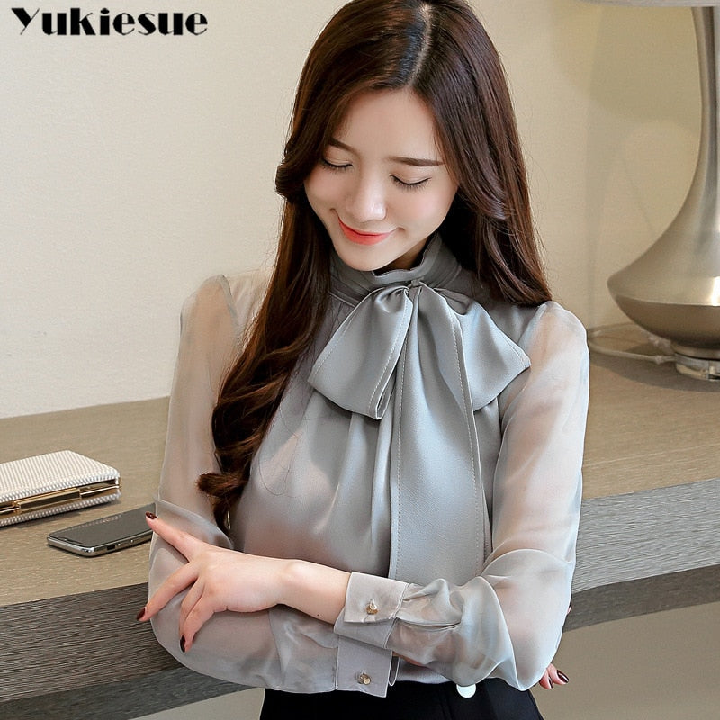 Long Sleeve Bow Collar Blouses