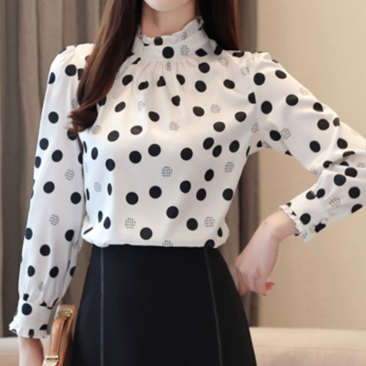 Chiffon Long Sleeve Polka Dot Ruffle Blouses