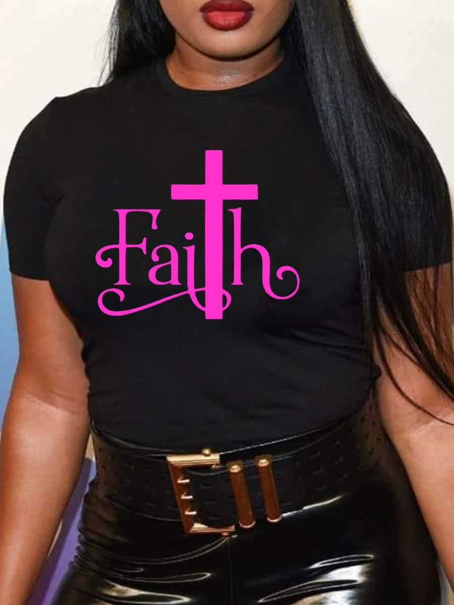 LW Rhinestone Faith Letter Gradient Geometric Print T-Shirts