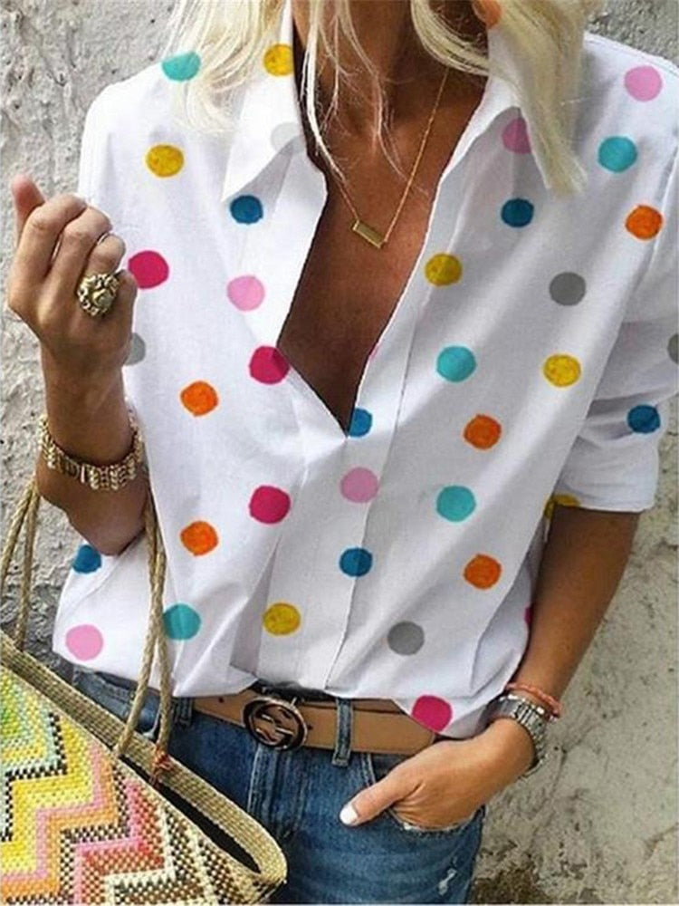 Polka Dot Turn Down Collar Blouse