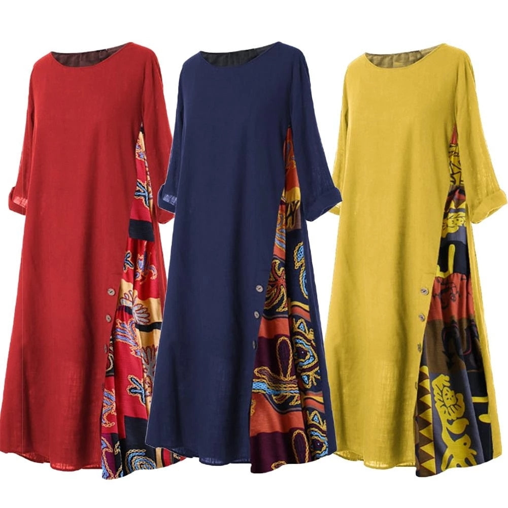 O Neck Side Buttons Maxi Dresses