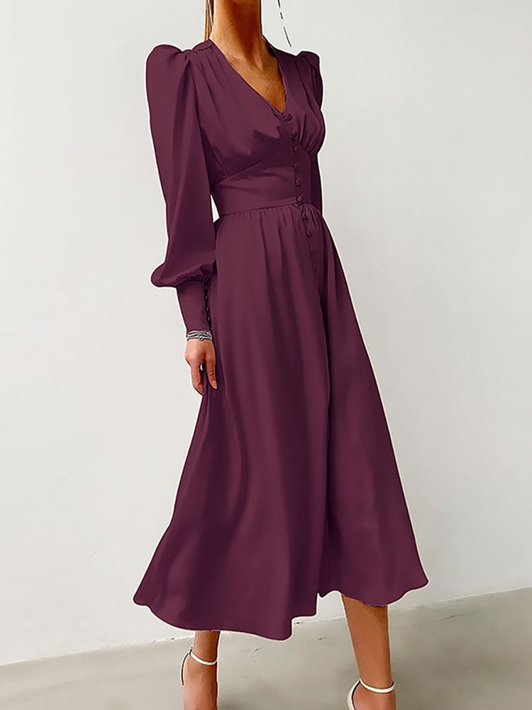 High Waist Satin Long Midi Dresses