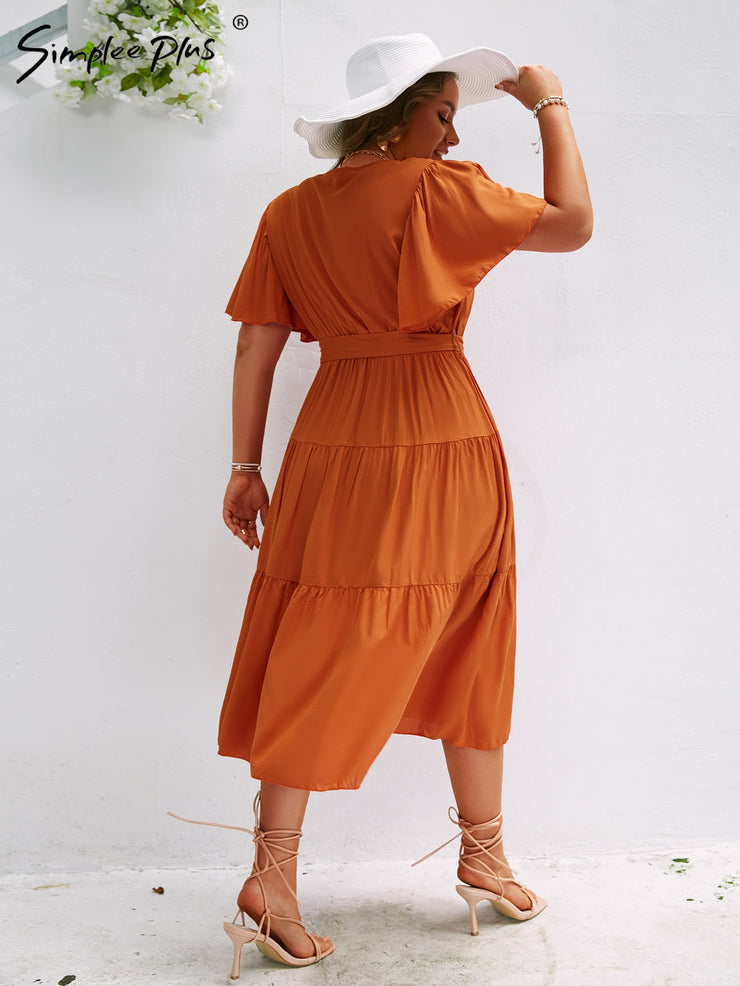 Ruffled A-line V-neck Belt Maxi Dresses