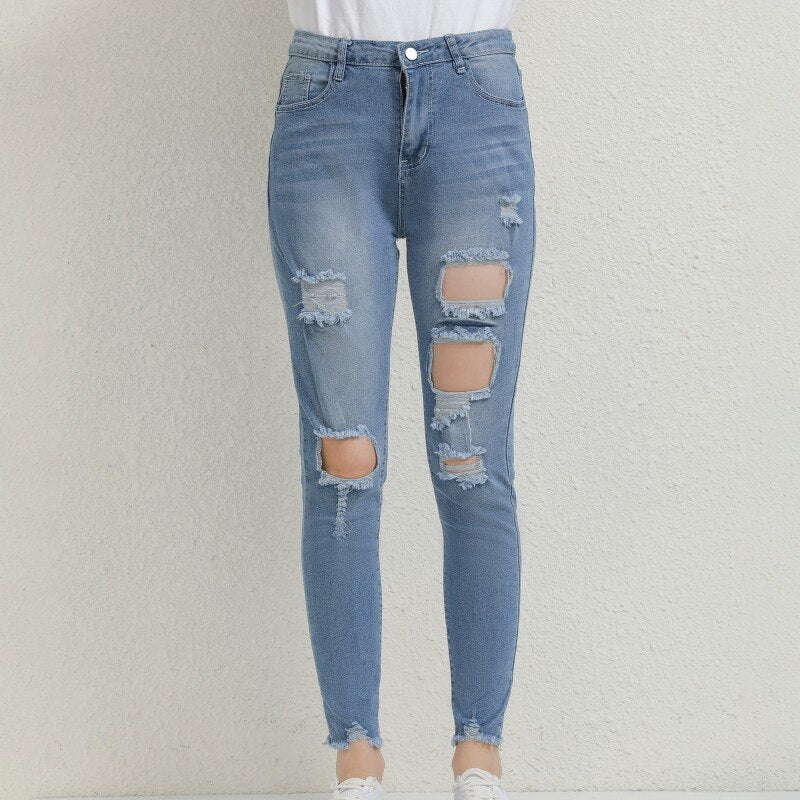 Full Length High Waist Ripped Denim Jeans