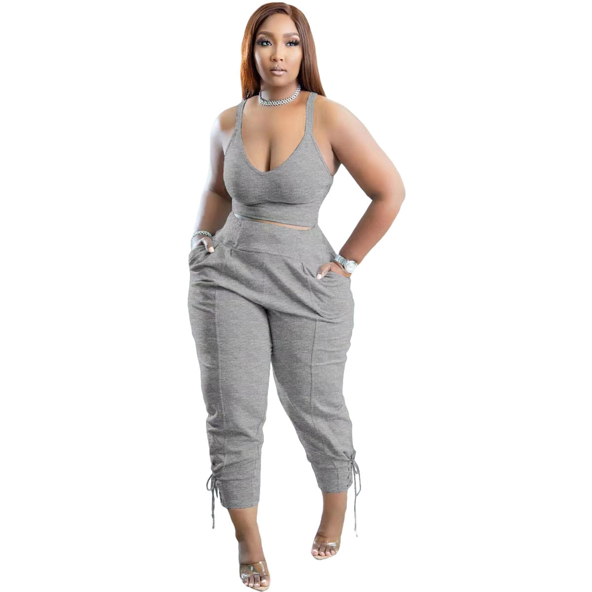 Sleeveless 2 Piece Crop Top Long Pants Tracksuit