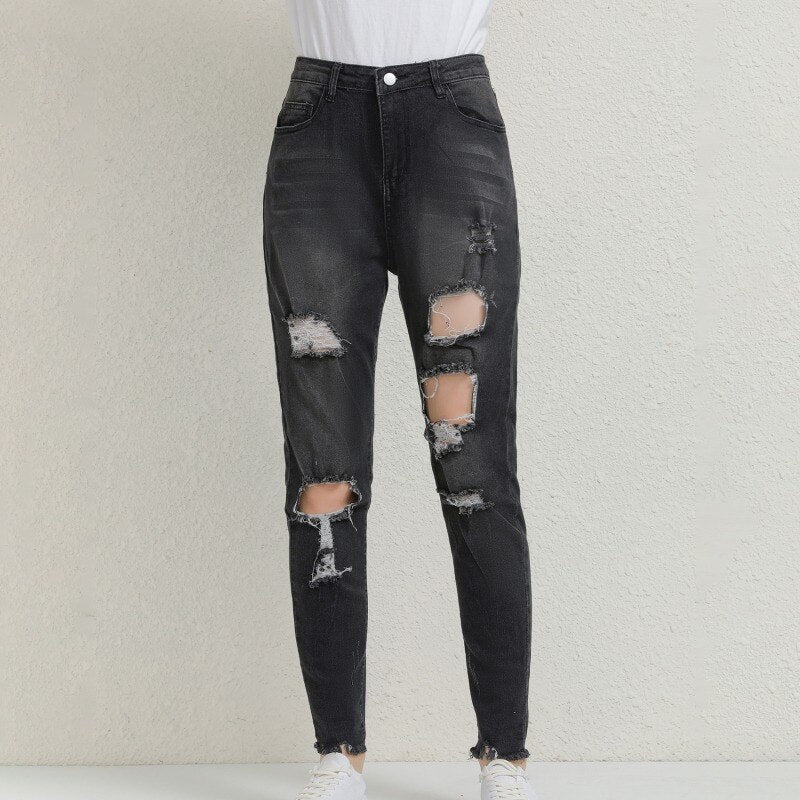 Full Length High Waist Ripped Denim Jeans