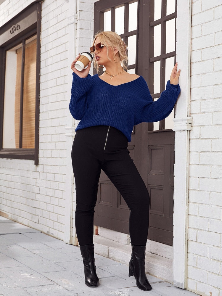 Oversize V-Neck Knitted Long Sleeve Sweater