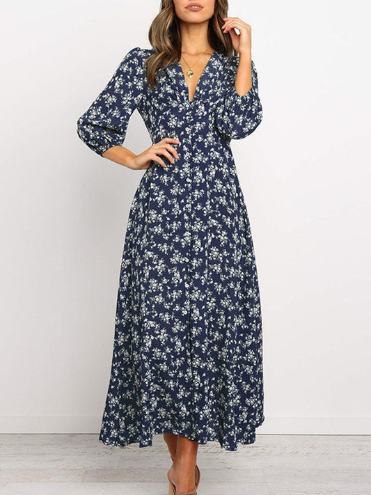 Long Floral Print Lantern Sleeve A-line Maxi Dresses