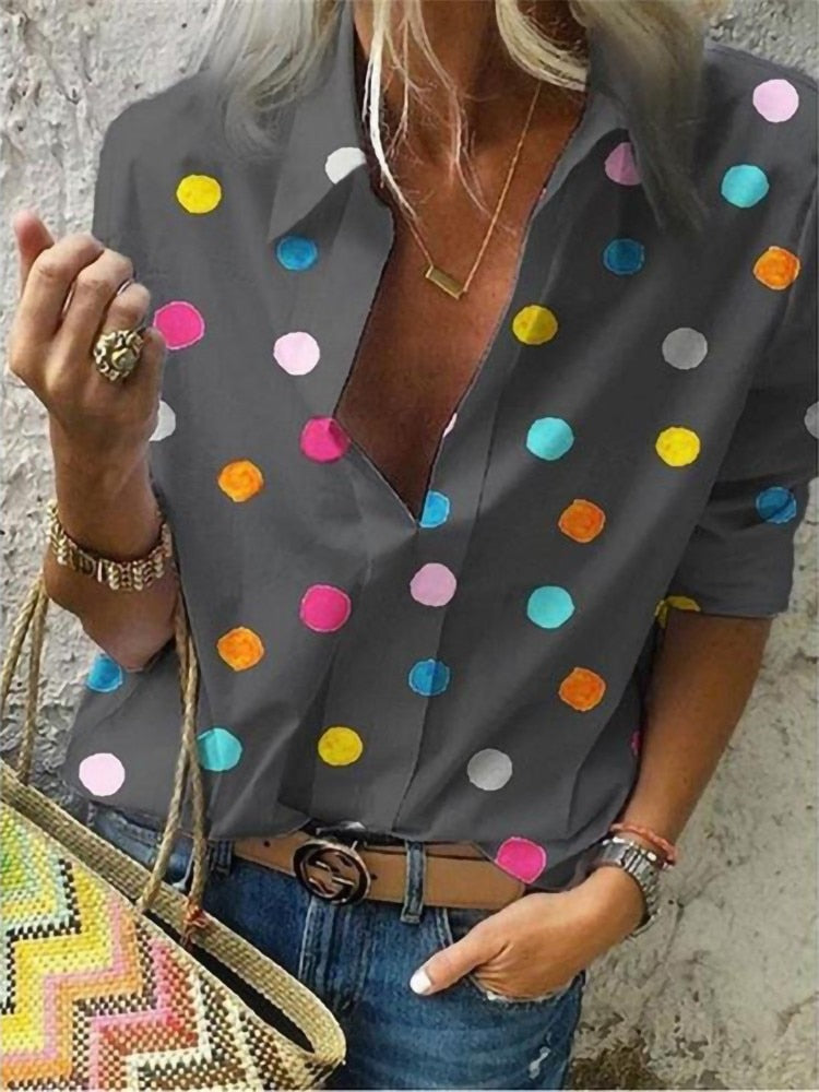 Polka Dot Turn Down Collar Blouse