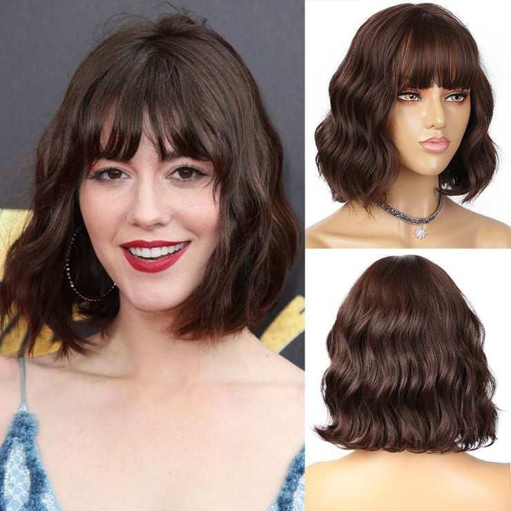 Synthetic Wavy Wig with Bangs Heat Resistant