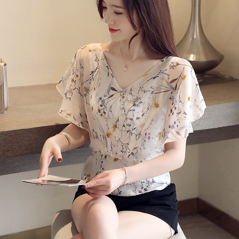 V Neck Ruffles Print Blouse