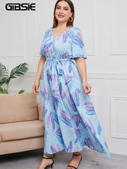 V Neck Floral Print Boho Short Sleeve Maxi Dresses