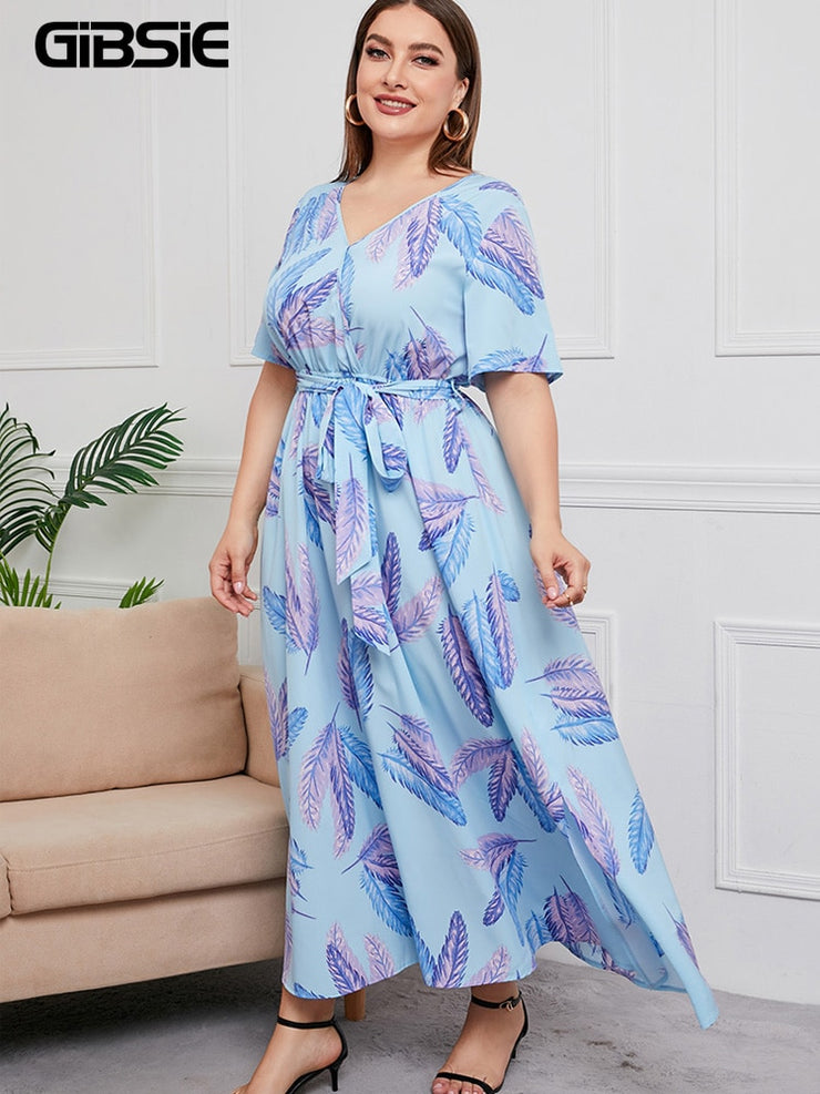 V Neck Floral Print Boho Short Sleeve Maxi Dresses