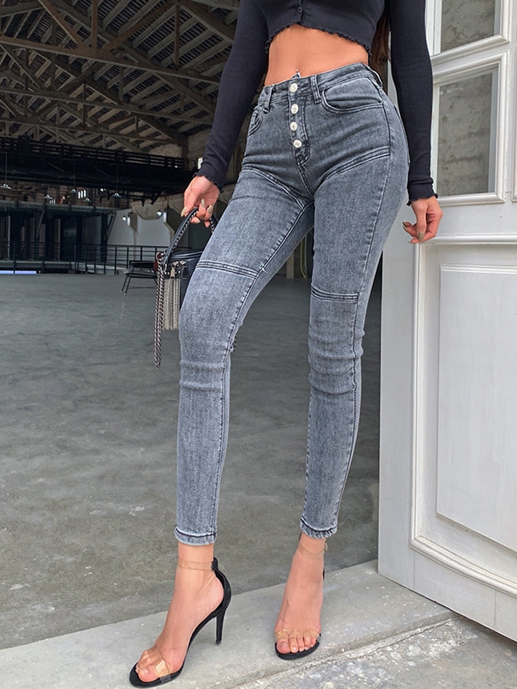 High Waist Stretch Denim Pencil Pants