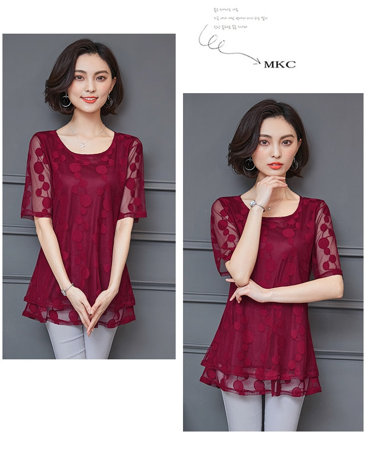 Round Collar Lace Transparent Blouse