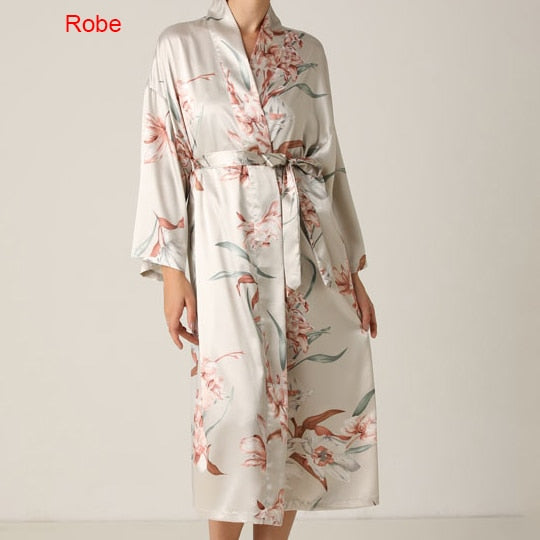 Flower Print Satin Kimono Gown Sets