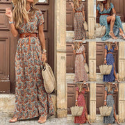 V-neck Short Sleeve Belted Bohemian Maxi Dress