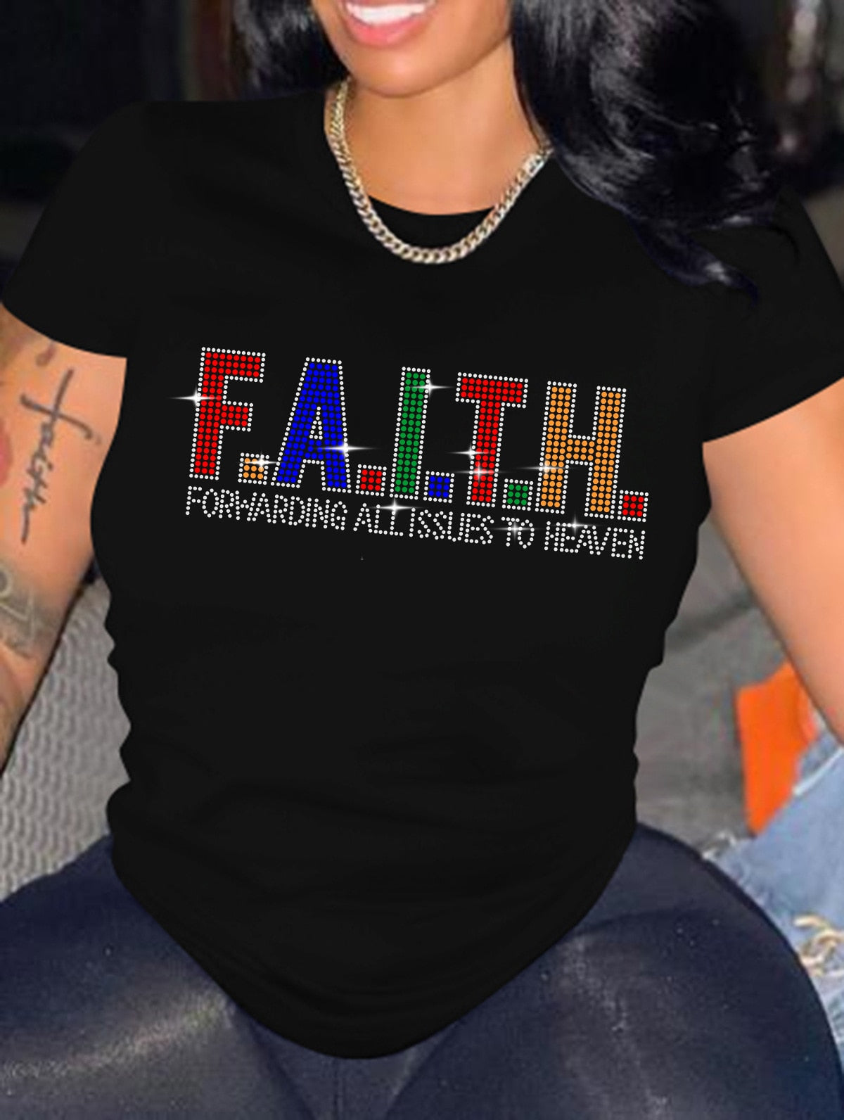 LW Rhinestone Faith Letter Gradient Geometric Print T-Shirts