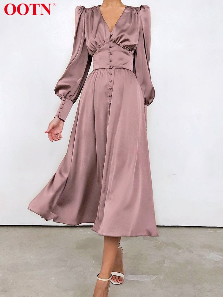 High Waist Satin Long Midi Dresses