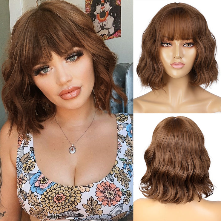 Synthetic Wavy Wig with Bangs Heat Resistant