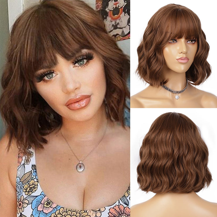 Synthetic Wavy Wig with Bangs Heat Resistant