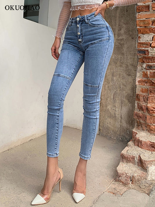 High Waist Stretch Denim Pencil Pants