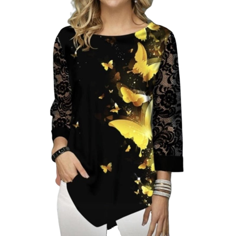 Butterfly print Lace 3/4 Sleeve Blouse