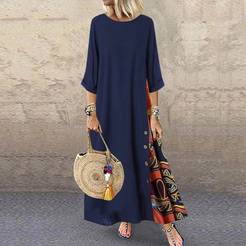 O Neck Side Buttons Maxi Dresses