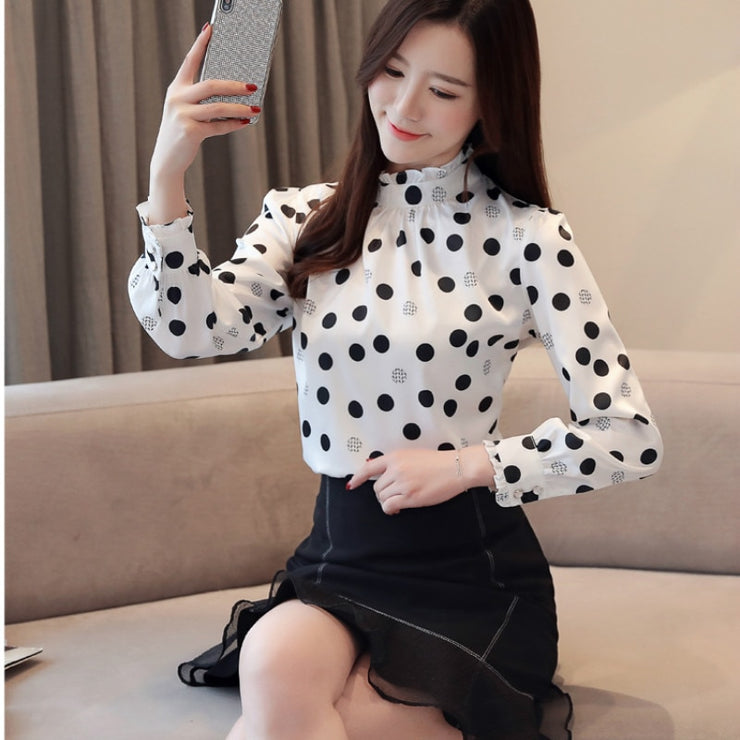 Chiffon Long Sleeve Polka Dot Ruffle Blouses