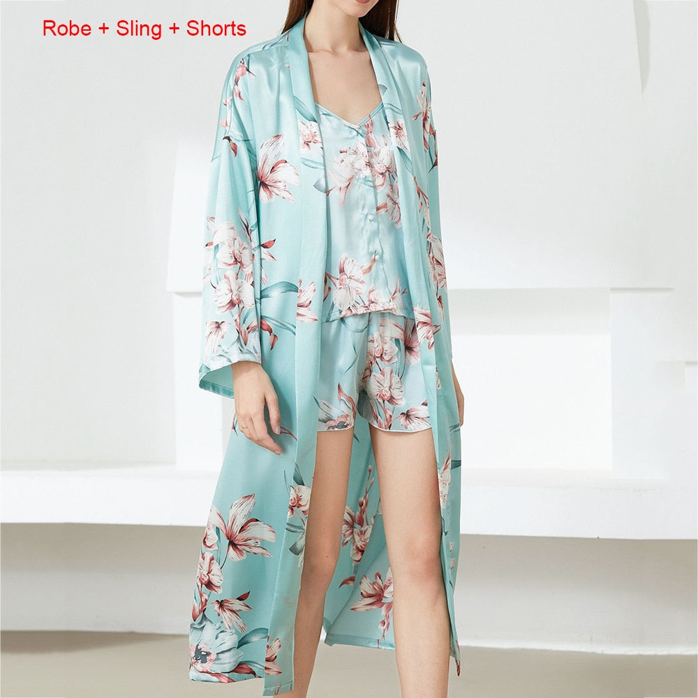 Flower Print Satin Kimono Gown Sets